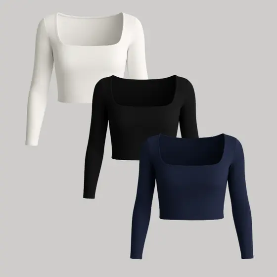 Kit 3 Cropped Manga Longa Inverno Slim Fit SUPLEX Modelagem Acinturada Gola Quadrada