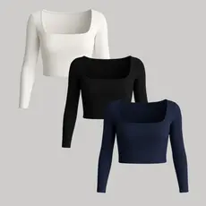 Kit 3 Cropped Manga Longa Inverno Slim Fit SUPLEX Modelagem Acinturada Gola Quadrada