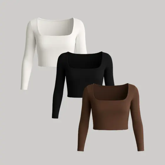 Cropped Manga Comprida Blusa de Frio Duas Camadas SUPLEX Gola U Decote Quadrado