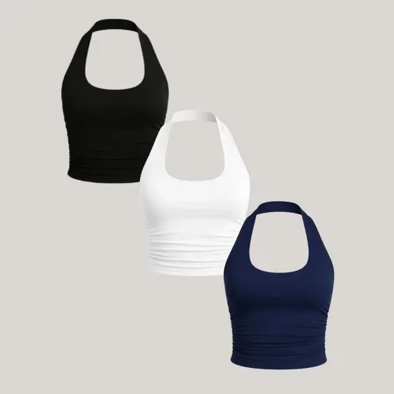 Kit com 3 Cropped Halter Costas Nua Aberta Feminino Modelagem Acinturado