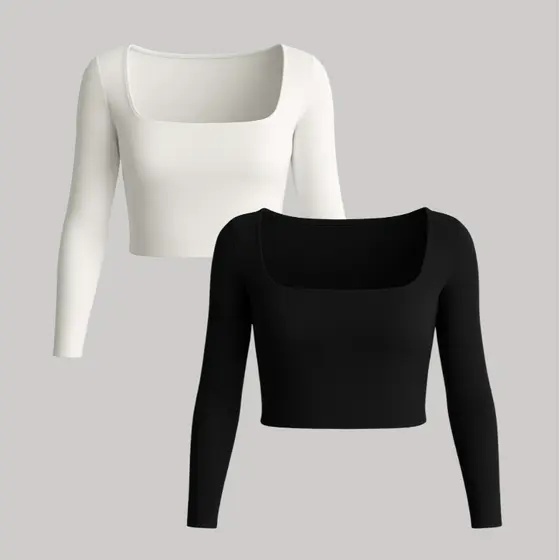Kit Com 2 Cropped Blusa Manga Longa Comprida Essencial Versatil Basica Barata Decote Quadrado Esquenta Dupla Inverno