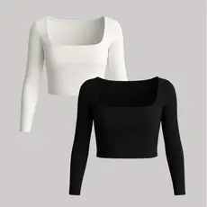 Kit Com 2 Cropped Blusa Manga Longa Comprida Essencial Versatil Basica Barata Decote Quadrado Esquenta Dupla Inverno