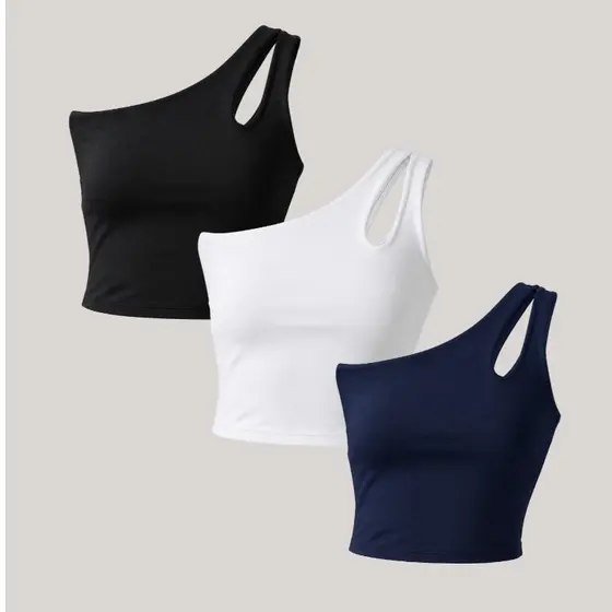Kit com 3 Cropped Mula Manca de Um Ombro Decotado Slim Fit Modelagem Acinturada