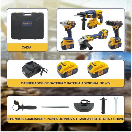 Kit 4 Em 1 furadeira Esmerilhadeira Martelo E Chave De Impacto