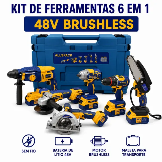 Kit Ferramentas 6 Em 1 48V Brushless Furadeira Impacto Martelete Esmerilhadeira Serra