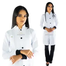 Jaleco Feminino Acinturado Oxford Rubi Branco com Punho e botão Preto