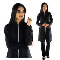 Jaleco Feminino Acinturado Oxford Kate Preto com Zíper Acinturado