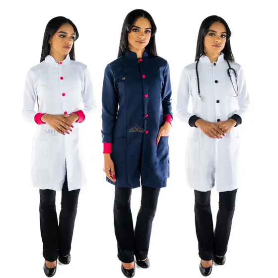 Jaleco Feminino Acinturado Oxford com Punho e botão Preto ou vermelho