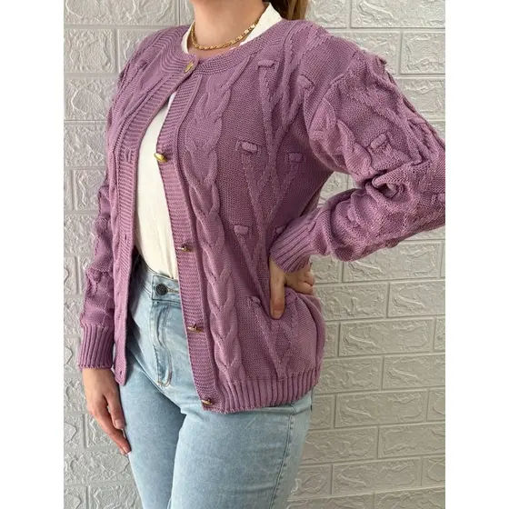 Casaco Feminino Tricot Cardigan Pompom e Tranças com Botões Dourados Casaco de Inverno Roupa de Frio