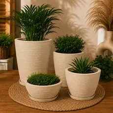 Kit 4 Vasos Decorativos para Plantas em Polietileno Texturizado com Prato | Coluna, Redondo, Bojo e Bacia
