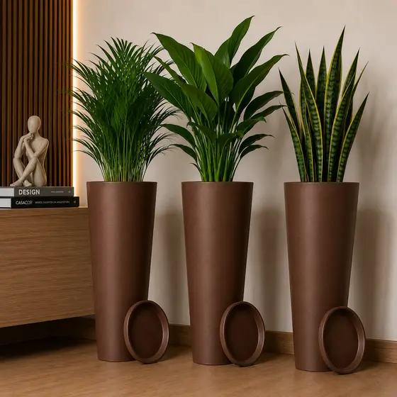 Kit com 3 Vasos Decorativos Coluna Ibiza para Plantas com Prato Coletor
