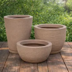 Kit Com 3 Vasos Decorativo de Planta Escovado Polietileno o Cone + Bojo + Bacia Com Prato
