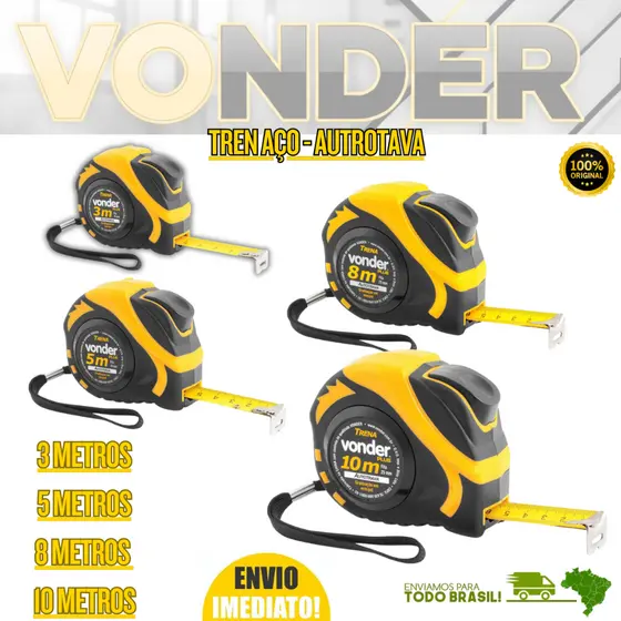 Trena Profissional Emborrachada De Aço 10m 8m 5m 3m Autotrava Reforçada Com Trava - VONDER PLUS