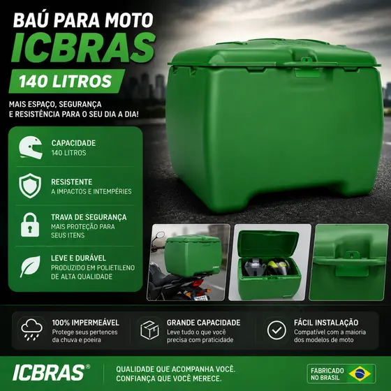 Caixa Baú 140 Litros Para Moto Caixa Bauleto Para Moto Motoboy Universal Entrega ICBRAS Resistente