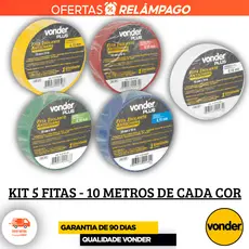Kit 5 Fitas Isolantes Coloridas 10 Metros - VONDER PLUS Isolar Fios e Cabos Elétricos Antichama Top