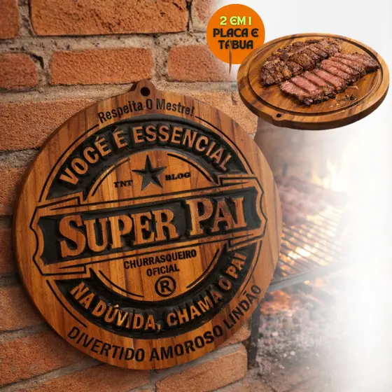 Placa E Tábua 2 em 1 Churrasco Madeira Super Pai 30cm Presente Para Pais Dia dos Pais Aniversário