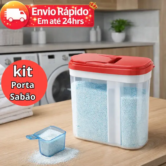 Kit 2 Porta Sabão Com Tampa Plástico Resistente Organização Lavanderia (Cores Sortidas)
