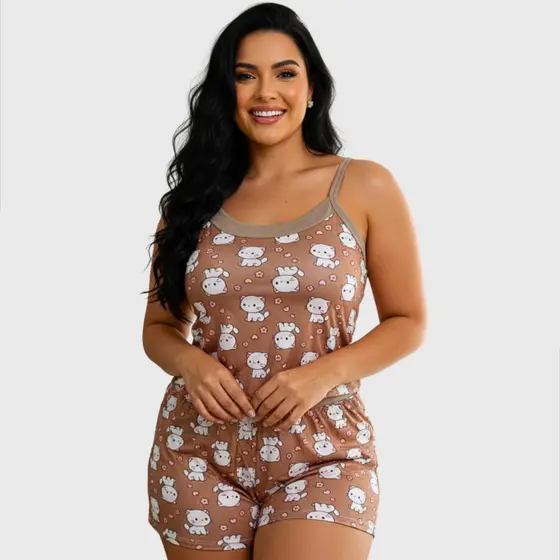 Pijama Feminino Calor Estampas Divertidas Gola Redonda Regatinha Confortável Macio