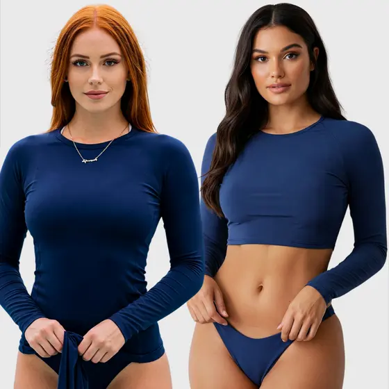 Conjunto Blusa Feminina UV Manga Comprida Térmica Malha Fria Cropped e Calcinha Asa Delta Moda Praia