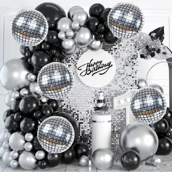 Kit 115 Balões Preto Prata Cromado Decoração Discoteca Festa Com Bexiga Arco Desconstruido+Fita 5Mts
