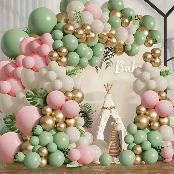 Kit 130 Pcs Balões Festa Aniversário Bexiga Verde Dourado Rosa Decoração arco Desconstruido+fita