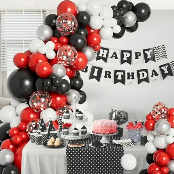 Kit 130 Balões Arco Desconstruido+Fita Bexiga Vermelho Branco Preto Prata Liso/Cromado Decoração
