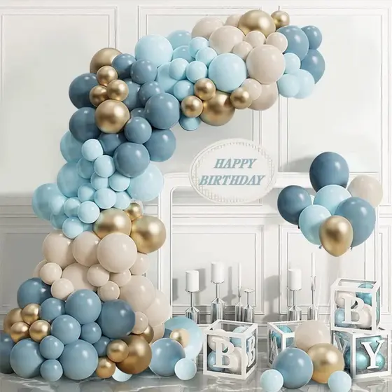 Kit 110 Balões Decoração Festa Azul Acizentado Champagne Metalizado Bexiga Arco Desconstruido+Fita