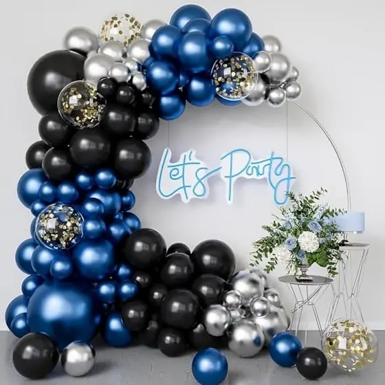 Kit 120 Balões P/Arco Desconstruido Azul Royal Prata Metallizado Preto Bexiga Festa Aniversário+Fita