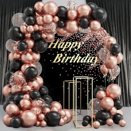 Kit 115 Balões Rose Metalizado Preto Confeite Decoração Com Bexigas Arco Desconstruido+Fita 5Mts