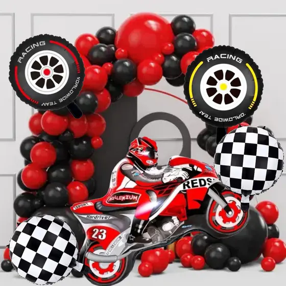 Kit 105 Balões Motos Pneu Roda Corrida Automotiva Bexigas Vermelho Preto Arco desconstruído + Fita