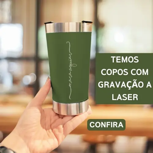 Copo Térmico e Tampa com Abridor 473ml - Personalizado com Gravação a Laser com Letra Cursiva (Letra de Mão)