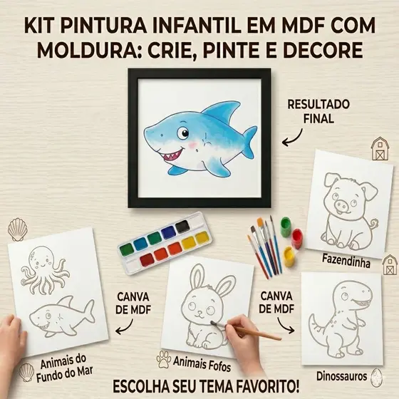 Kit 5 Quadros Educativos para Colorir Infantil MDF Branco | Desenho para Pintar | Presente Criativo