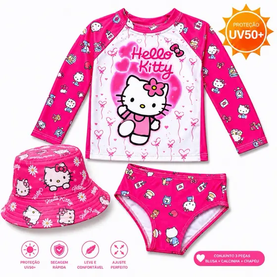 Conjunto Biquíni Infantil Menina Hello Kitty 3 Peças UV50+ Blusa Manga Longa, Calcinha e Chapéu Proteção Solar