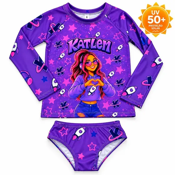 Katlen Emilly Vick Moda Praia Infantil UV 50+ Conjunto Menina Manga Longa e Biquíni Proteção Solar Estilo Estrelas