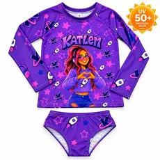 Katlen Emilly Vick Moda Praia Infantil UV 50+ Conjunto Menina Manga Longa e Biquíni Proteção Solar Estilo Estrelas