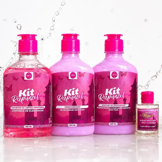 Kit Para Cabelo Rapunzel Shampoo Condicionador Máscara Hidratação e Brilho