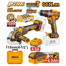 Kit Esmerilhadeira Angular 4.1/2" + Parafusadeira de Impacto Furadeira 66Nm 20v À Bateria Ingco