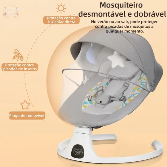 Cadeira Balanço Bebê Elétrica Musical Bluetooth Cinza Mosquiteiro Timer
