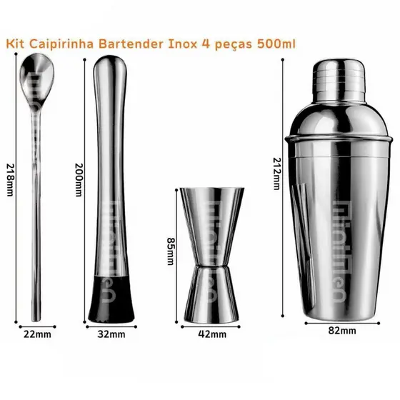 Kit Bartender Completo Coqueteleira Inox 500ml 4 Pçs Para Drinks E Caipirinha Premium