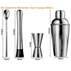 Kit Bartender Completo Coqueteleira Inox 500ml 4 Pçs Para Drinks E Caipirinha Premium
