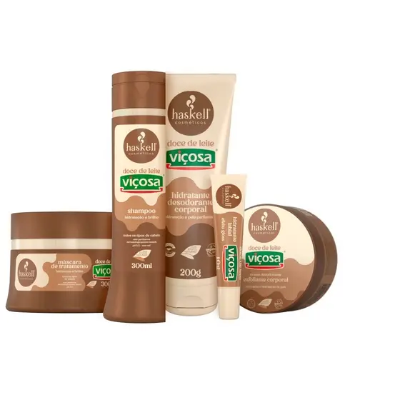 Kit Shampoo, Mascara, Hidratante Corporal, Esfoliante e Hidratante Labial Doce de Leite Haskell