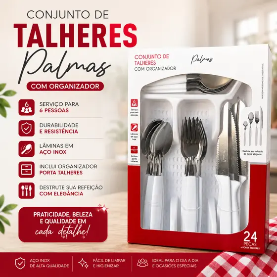 Jogo De Talheres Inox Com 24 Peças + Suporte Gaveteiro