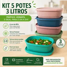 Kit 5 Potes Herméticos 3 litros Oval Para Congelar e Armazenar Alimentos Super Resistentes Livre BPA