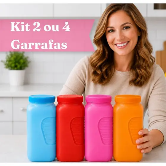 Kit 2 ou 4 Garrafas Geladeira 2L Coloridas Plástico Cozinha Água Domestico Coloridas