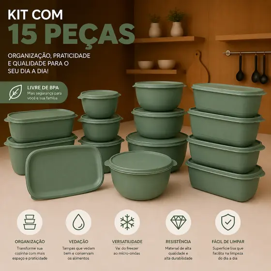 Kit 15 ou 8 Potes hermético e Modernos Ultra Resistentes Vasilhas