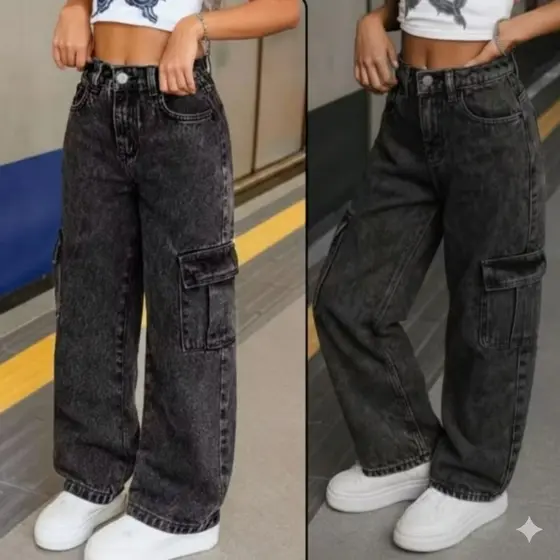 Calça Cargo Jeans Menina blogueirinha Juvenil 10 ao 16 anos com bolsos laterais premium Criança.