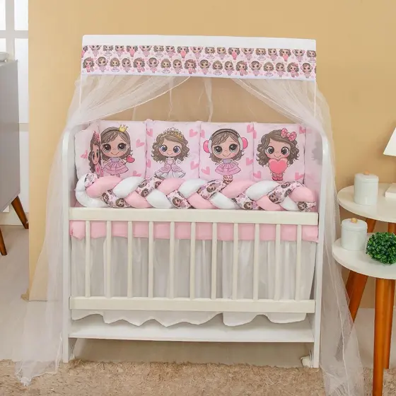 Kit Mini Berço com 12 peças + Saia de Berço Bebê Menina Amiguinhas
