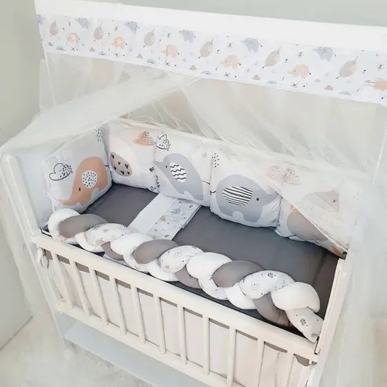 Kit Mini Berço com 12 peças + Saia de Berço Bebê Menino Elefante Cinza