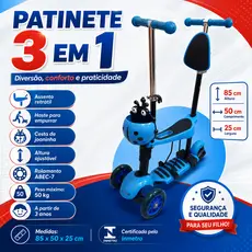 Patinete Infantil 3 Rodas 3 em 1 Importway Azul Com Assento e Empurrador