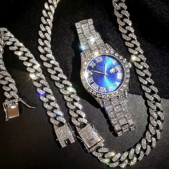 Novo RelóGio 3 PeçAs Colar De Prata Hip Hop Kit Pulseira Cubana Corrente Masculina Bling JóIas Diamante Correntes